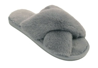 SIZE 3-4 GREY LADIES FURRY SLIPPERS WOMEN FLUFFY SLIDERS CROSSOVER OPEN TOE FAUX FUR MULES